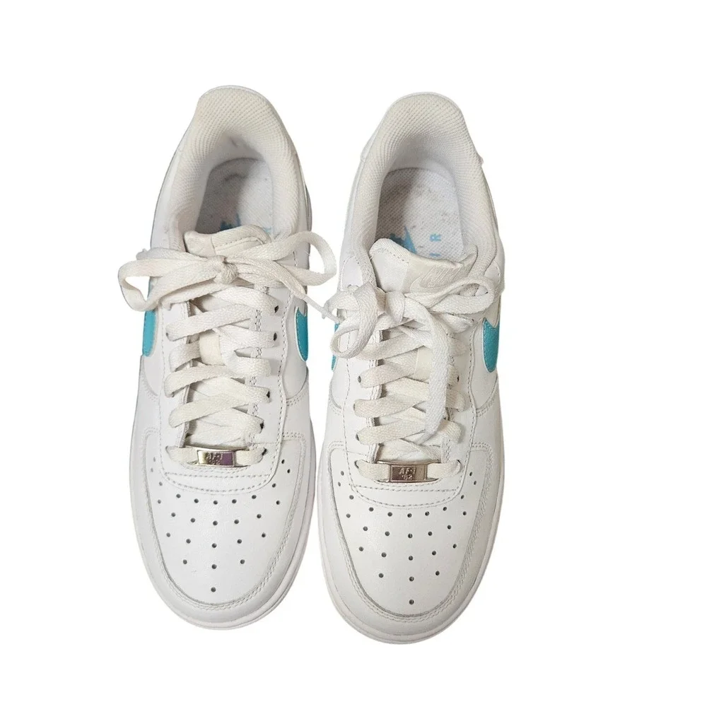 Nike Air Force 1 AF1 Low White Turquoise Teal Swoosh Leather Sneakers‎ 6.5Y